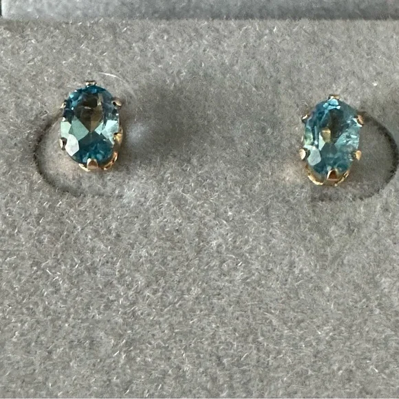 14k Solid Gold Blue Topaz Oval Post Earrings - Picture 6 of 13